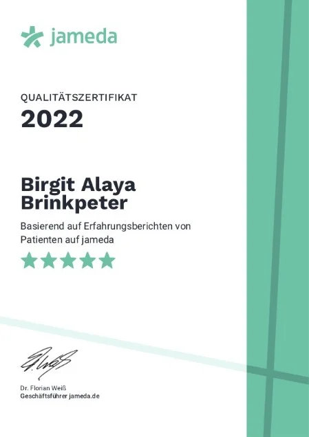 weiß grünes 5 Sterne Qualitätszertifikat von Jameda für Birgit Alaya Brinkpeter